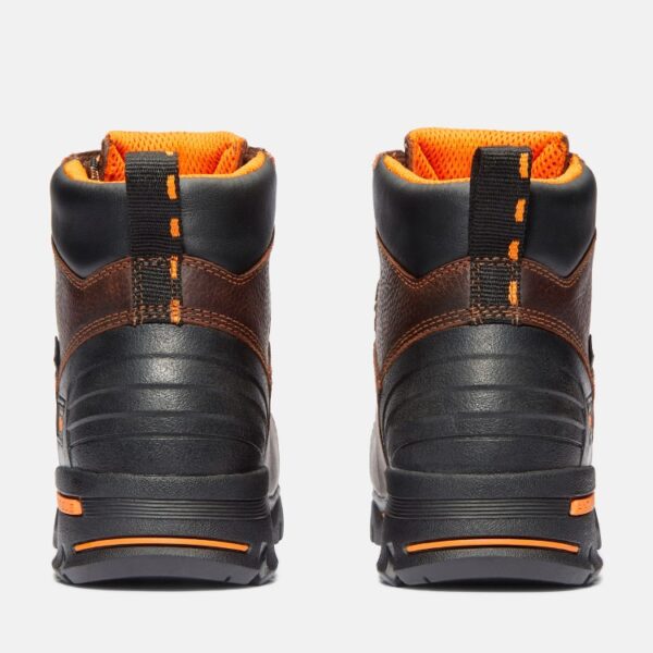A look at the heels of a pair of Timberland PRO Endurance steel toe 6-inch men's work boots in brown with a blank background.
