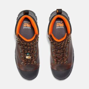 Overhead shot of a pair of Timberland PRO Endurance steel toe 6-inch men's work boots in brown with a blank background.
