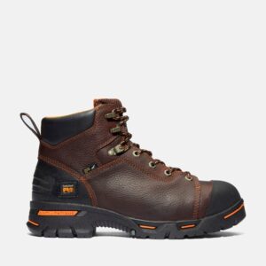 Right profile facing Timberland PRO Endurance steel toe 6-inch men's work boot in brown with a blank background.