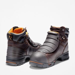 Offset pair of Timberland PRO Endurance Met Guard steel toe 6-inch men's work boots in brown with a blank background.