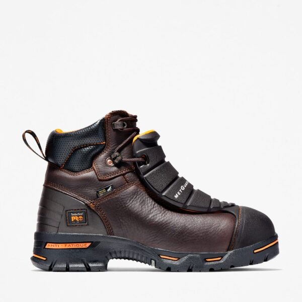 Right profile facing Timberland PRO Endurance Met Guard steel toe 6-inch men's work boot in brown with blank background.