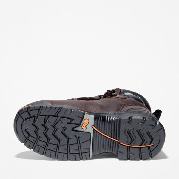 The sole of the right boot on a Timberland PRO Endurance Met Guard steel toe men's work boot in brown with a blank background.