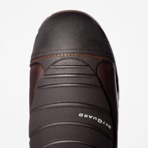 The right toe of a Timberland PRO Endurance Met Guard Steel Toe work boots in brown on a blank background.