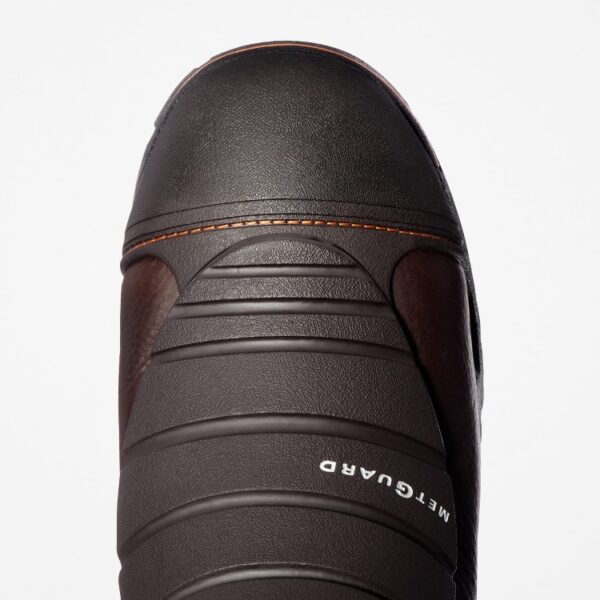 The right toe of a Timberland PRO Endurance Met Guard Steel Toe work boots in brown on a blank background.