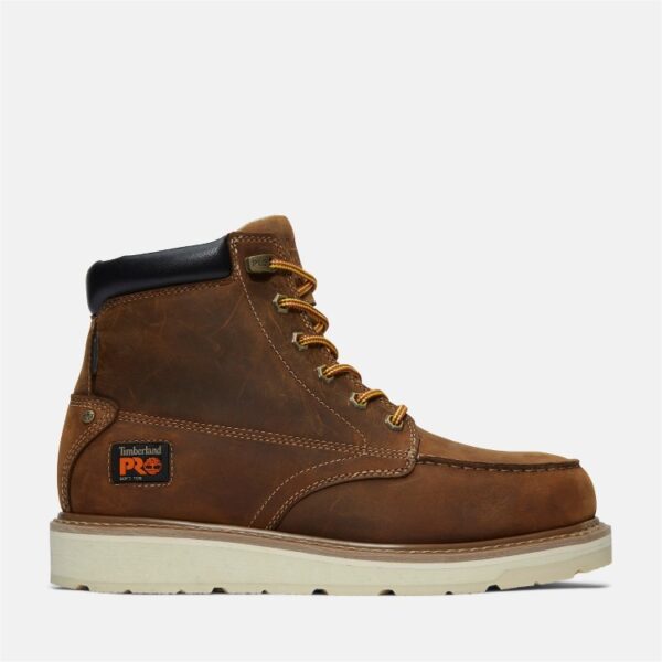 Right profile facing Timberland PRO Gridworks soft toe waterproof men's 6-inch work boots in brown with a blank background.