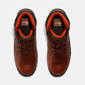Overhead shot of a pair of Timberland PRO Helix alloy toe 6-inch men's work boots in brown with a blank background.