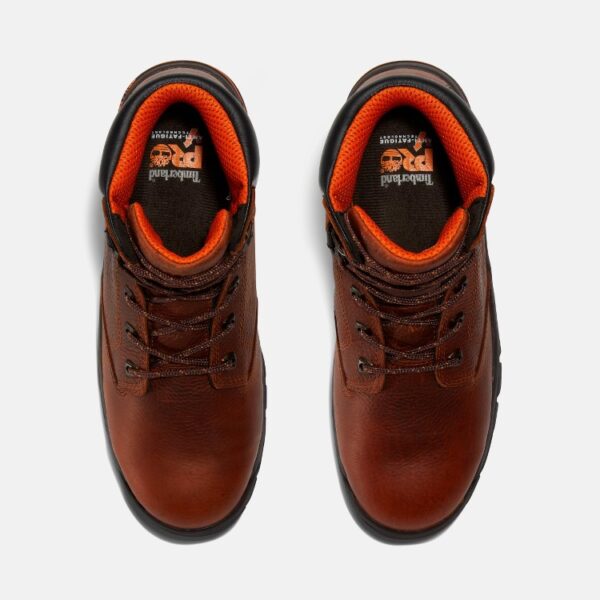 Overhead shot of a pair of Timberland PRO Helix alloy toe 6-inch men's work boots in brown with a blank background.