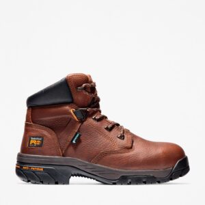 Right profile facing Timberland PRO Helix alloy toe 6-inch men's work boot in brown with a blank background.