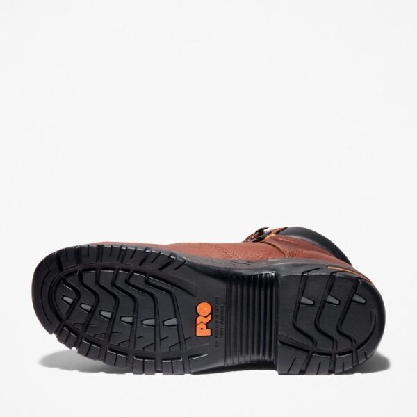 The sole of the right boot on a Timberland PRO Helix alloy toe 6-inch men's work boot in brown with a blank background.
