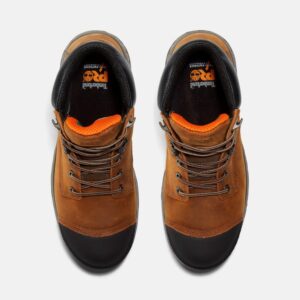 Overhead shot of a pair of Timberland PRO Helix HD composite toe waterproof men's 6-inch work boots in brown with a blank background.