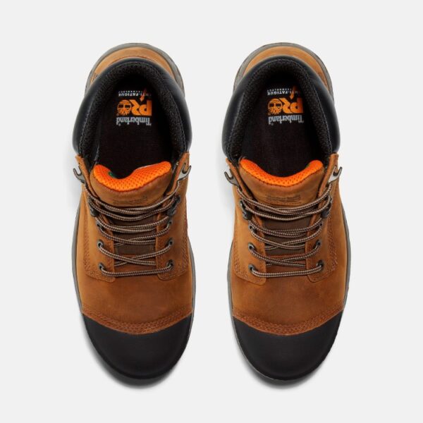 Overhead shot of a pair of Timberland PRO Helix HD composite toe waterproof men's 6-inch work boots in brown with a blank background.