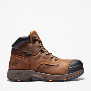 Right profile facing Timberland PRO Helix HD composite toe waterproof men's 6-inch work boot in brown with blank background.