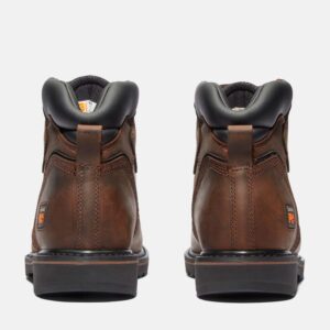 A look at the heels of a pair of Timberland PRO Pit Boss steel toe 6-inch men's work boots in brown with a blank background.