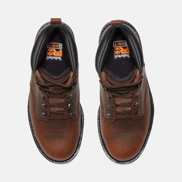 Overhead shot of a pair of Timberland PRO Pit Boss steel toe 6-inch men's work boots in brown with a blank background.