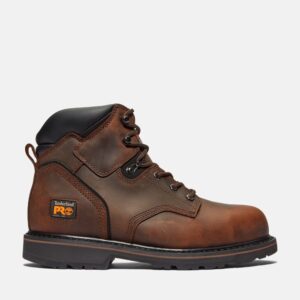 Right profile facing Timberland PRO Pit Boss steel toe 6-inch men's work boot in brown with a blank background.