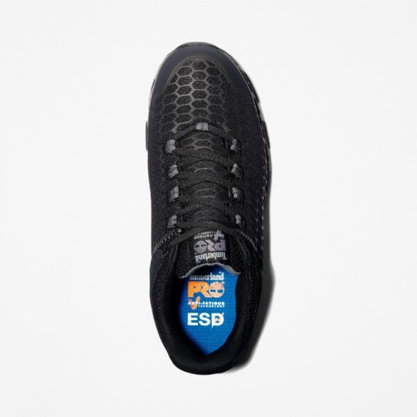 Overhead shot of the right shoe of a Timberland PRO Powertrain Sport alloy toe men's work sneakers in black with a blank background.