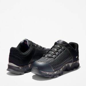 Offset pair of Timberland PRO Powertrain Sport alloy toe men's work sneakers in black with a blank background.