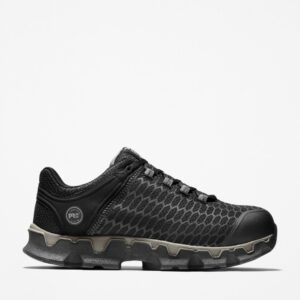 Right profile facing Timberland PRO Powertrain Sport alloy toe men's work sneakers in black with blank background.