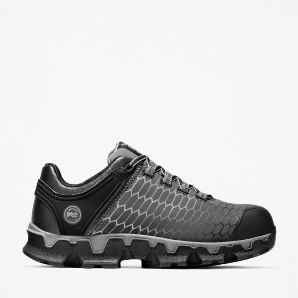 Right profile facing Timberland PRO Powertrain Sport alloy toe men's work sneakers in gray and black with blank background.