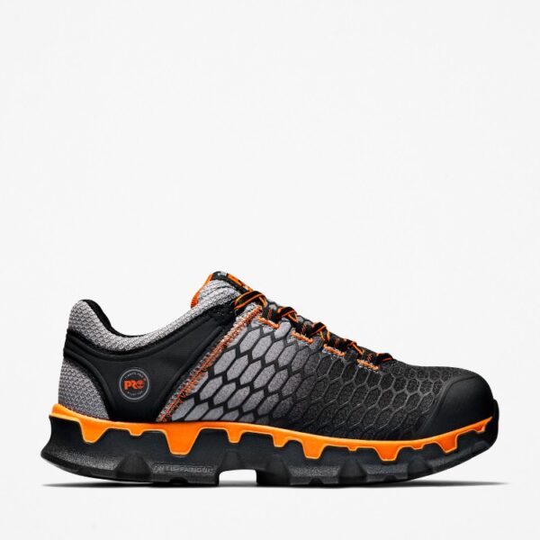 Right profile facing Timberland PRO Powertrain Sport alloy toe men's work sneakers in orange and black with blank background.