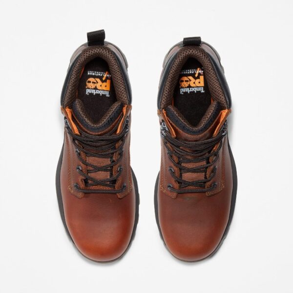Overhead look at a pair of Timberland TiTAN EV composite toe waterproof men's 6-inch work boots in brown on a blank background.