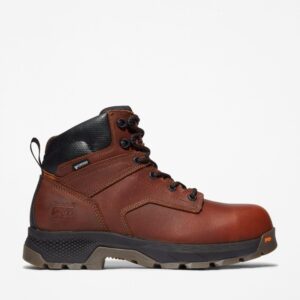 Right profile facing Timberland TiTAN EV composite toe waterproof men's 6-inch work boots in brown with a blank background.