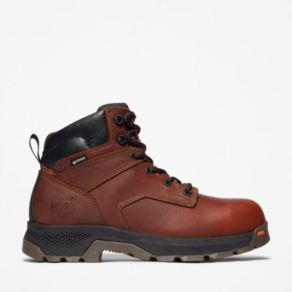 Right profile facing Timberland TiTAN EV composite toe waterproof men's 6-inch work boots in brown with a blank background.