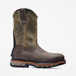Right profile facing Timberland True Grit composite toe waterproof men's pull on work boot in brown and green with blank background.