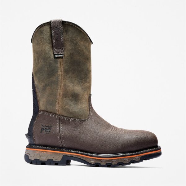 Right profile facing Timberland True Grit composite toe waterproof men's pull on work boot in brown and green with blank background.