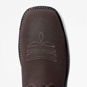 The right toe of a Timberland True Grit composite toe waterproof pull-on work boots in brown and green on a blank background.