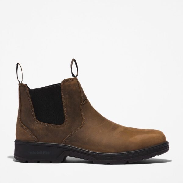 Right profile facing Timberland Nashoba Casual composite toe men's Chelsea work boot in brown with a blank background.