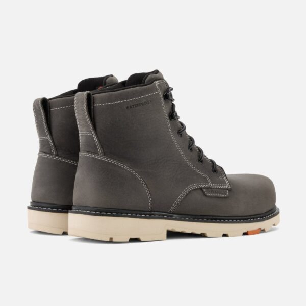 A look at the heels of a pair of Brunt Sullivan Limited Edition composite toe men's 6-inch work boots in grey with a blank background.