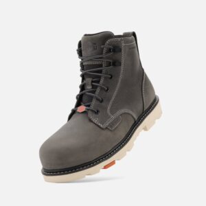 An angled, downward facing look at the left boot of a Brunt Grey Sullivan Limited Edition composite toe men's 6-inch work boots with a blank background.