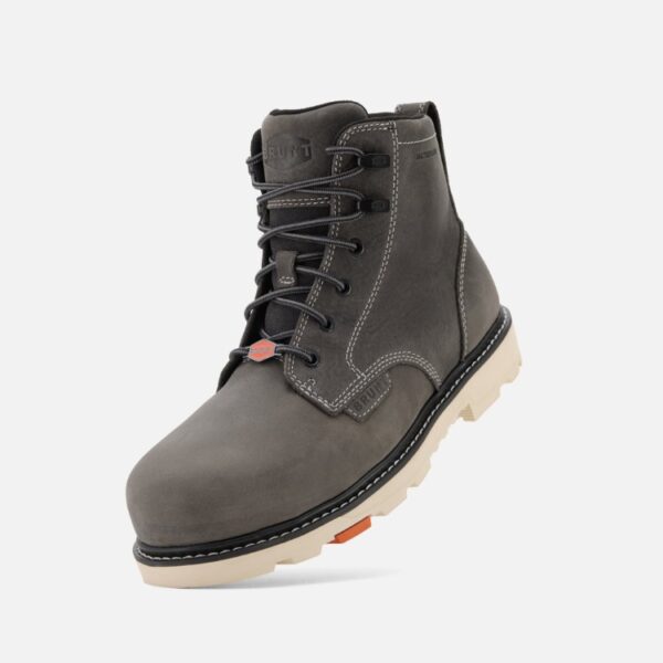 An angled, downward facing look at the left boot of a Brunt Grey Sullivan Limited Edition composite toe men's 6-inch work boots with a blank background.