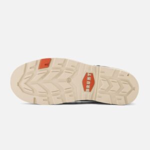 The sole of the left boot on a Brunt Grey Sullivan Limited Edition composite toe men's 6-inch work boot with a blank background.