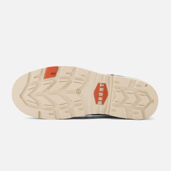 The sole of the left boot on a Brunt Grey Sullivan Limited Edition composite toe men's 6-inch work boot with a blank background.
