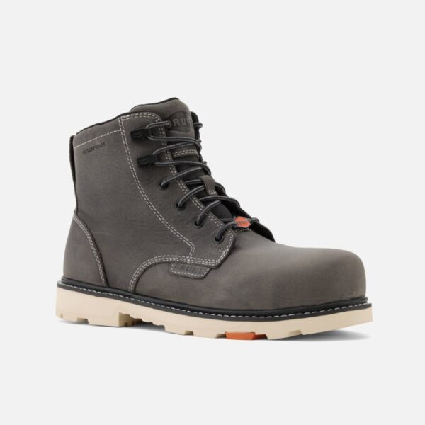 Angled Grey Sullivan Limited Edition composite toe men's 6-inch work boot in grey with blank background.