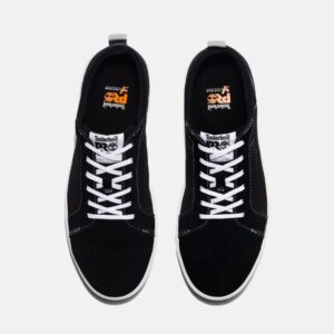 Overhead look at a pair of Timberland PRO Greenstride Berkley composite toe men's work oxford in black and white on a blank background.