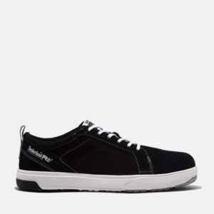 Right profile facing Timberland PRO GreenStride Berkley composite toe men's work oxford in black and white with a blank background.