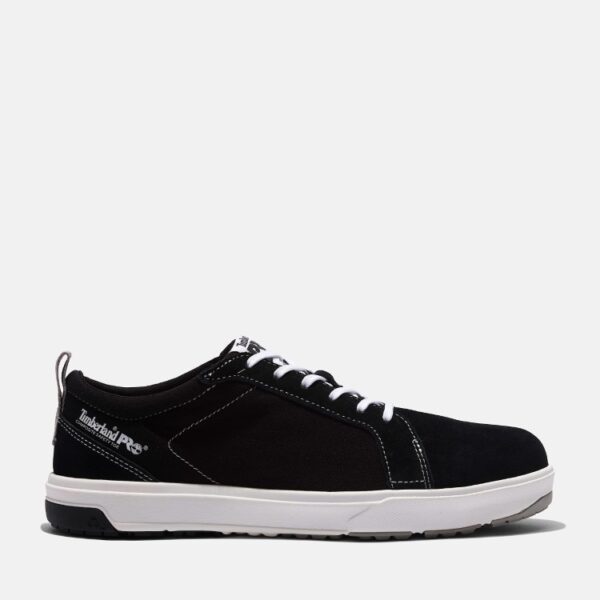 Right profile facing Timberland PRO GreenStride Berkley composite toe men's work oxford in black and white with a blank background.