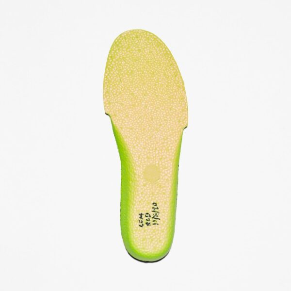 Overhead shot of the underside of a single left foot Timberland PRO StepPropel Insole in green with a blank background.