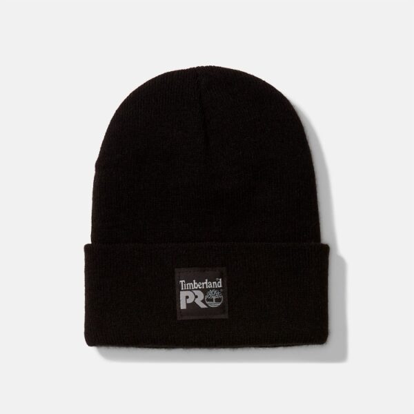 A straight on look at the Timberland PRO Watch Cap in black on a blank background.
