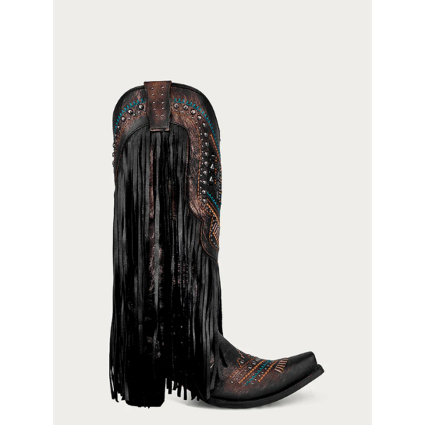 Black Embroidery with Lamb Fringe and Studs Snip Cowgirl