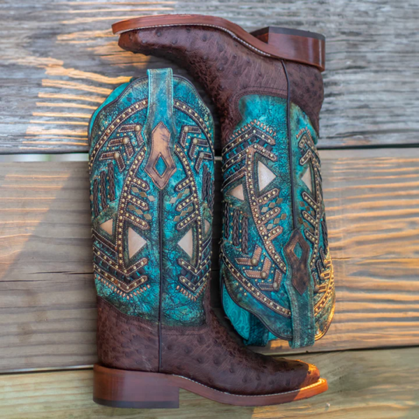Turquoise Stitching Studded with Woven Detail Ostrich Rodeo Cowgirl - Image 5