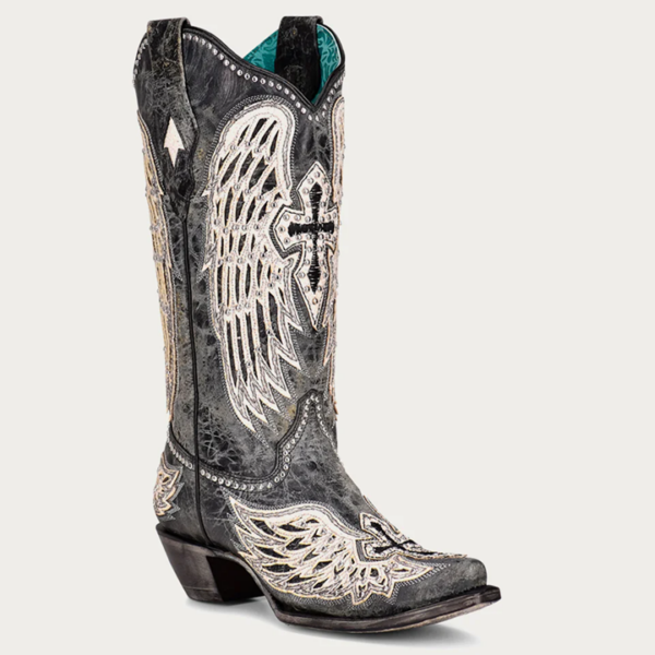 White Cross and Wings Overlay with Studs and Black Worn Finish Snip Cowgirl - Image 2