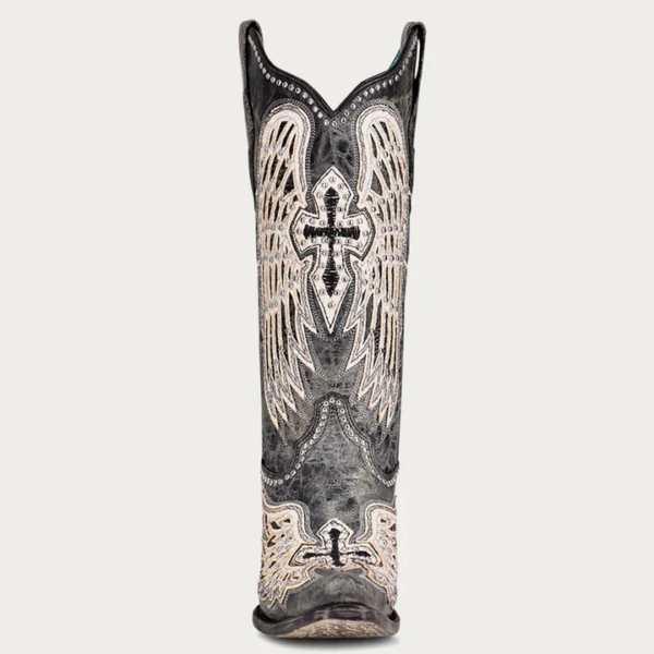 White Cross and Wings Overlay with Studs and Black Worn Finish Snip Cowgirl - Image 3