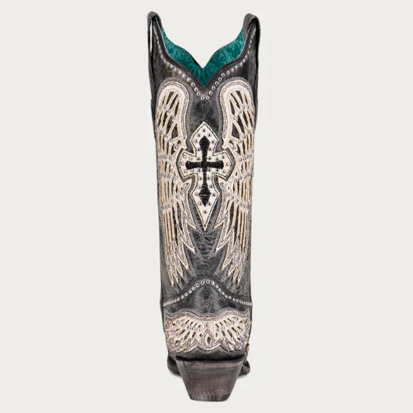 White Cross and Wings Overlay with Studs and Black Worn Finish Snip Cowgirl - Image 4