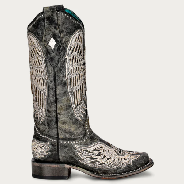 White Cross and Wings Overlay with Studs and Black Worn Finish Square Cowgirl