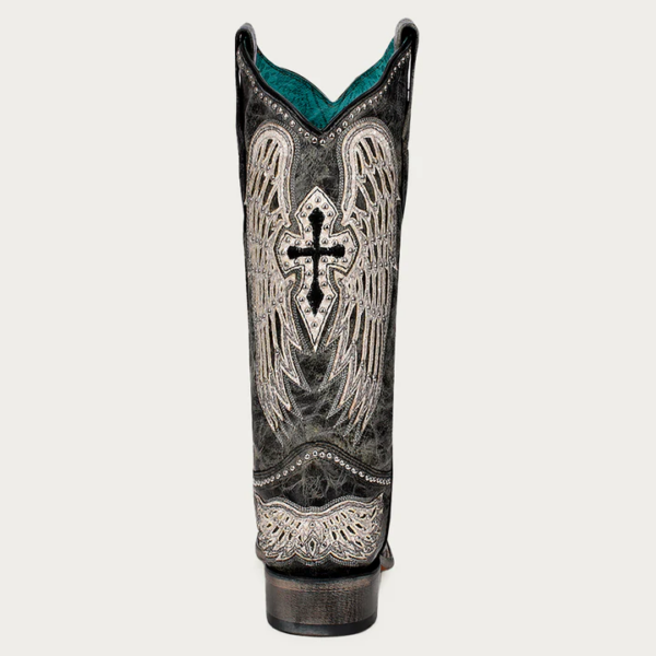 White Cross and Wings Overlay with Studs and Black Worn Finish Square Cowgirl - Image 4