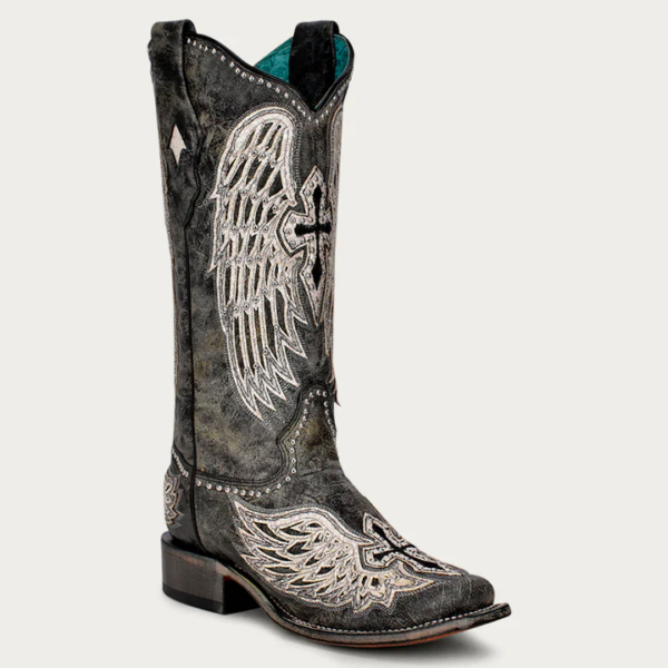 White Cross and Wings Overlay with Studs and Black Worn Finish Square Cowgirl - Image 2